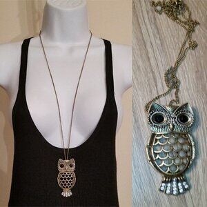 Vintage SHB Avon OWL Convertible Long Chain Necklace or Brooch Pin, Brass Gold.